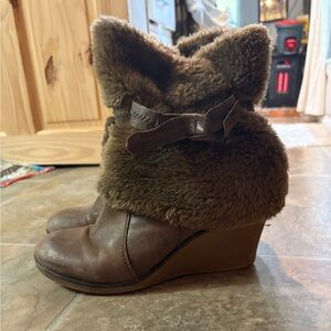 BareTraps Brown Faux Fur Wedge Boots